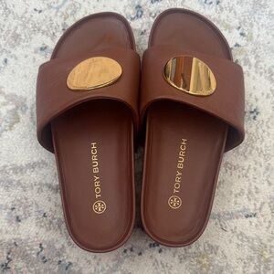 Tory Burch - Patos Leather Platform Slide Sandals In Burnt Cuoio - Size 9